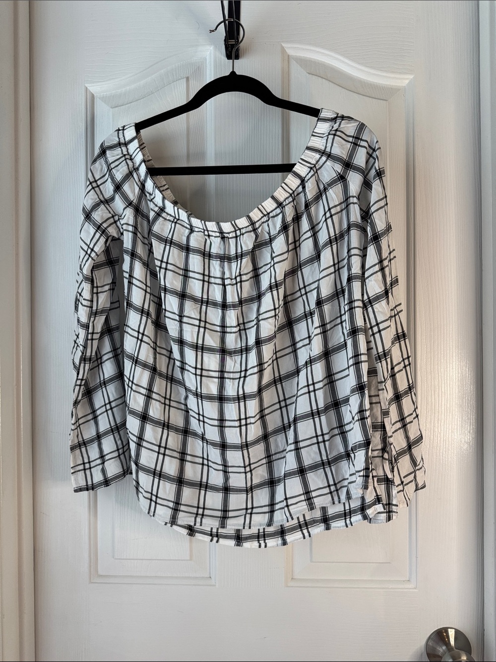 cloth & stone Black and White Plaid Off-Shoulder Blouse (BB)